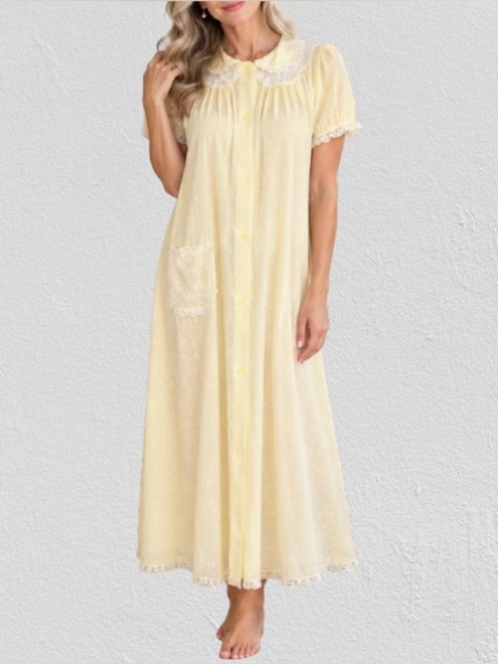 Vtg Charmode by Sears, Roebuck & Co. Pale Yellow Sheer Nightgown, Sz 40-42
